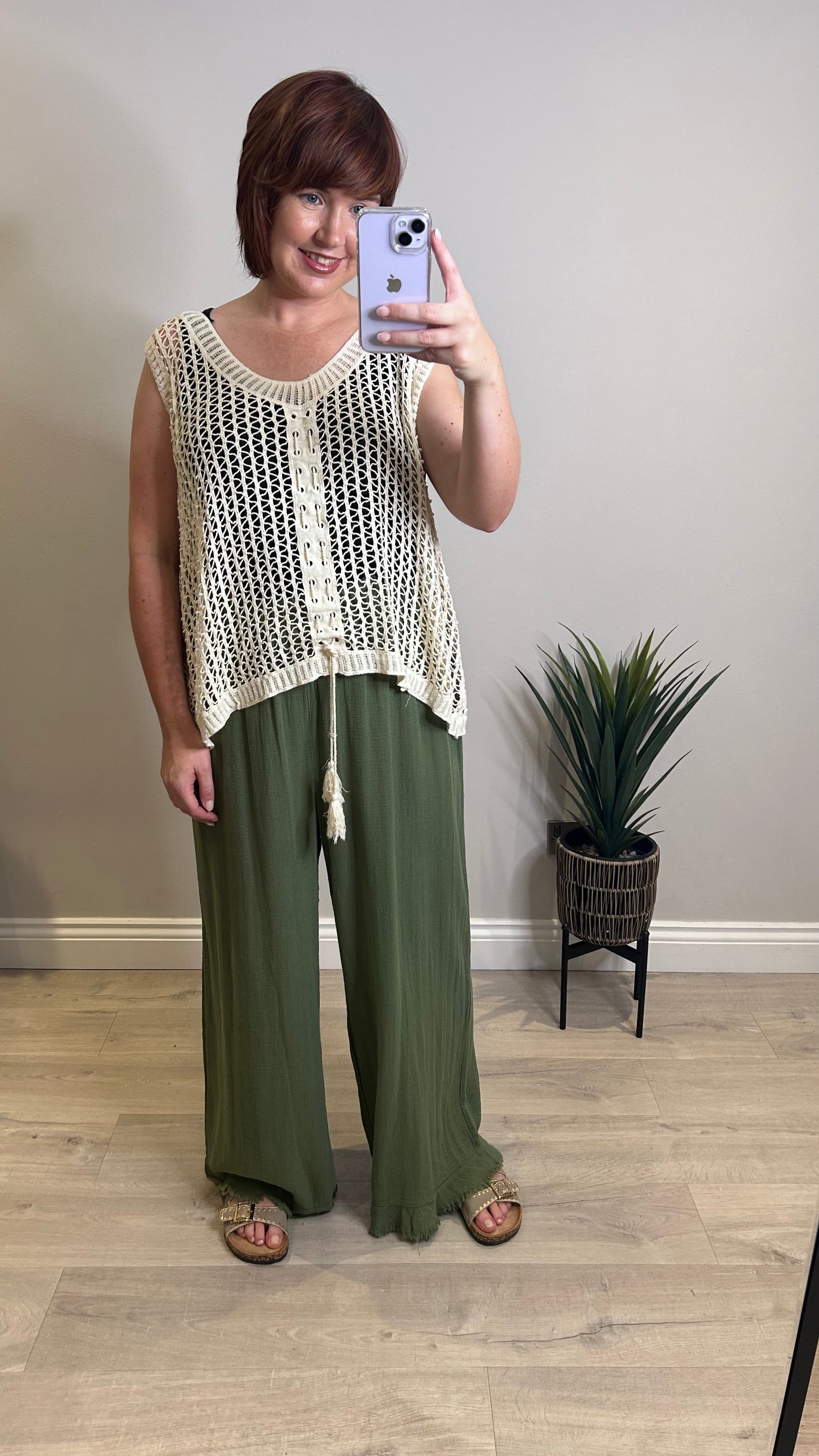 Cheesecloth Wide Leg Pants- Khaki