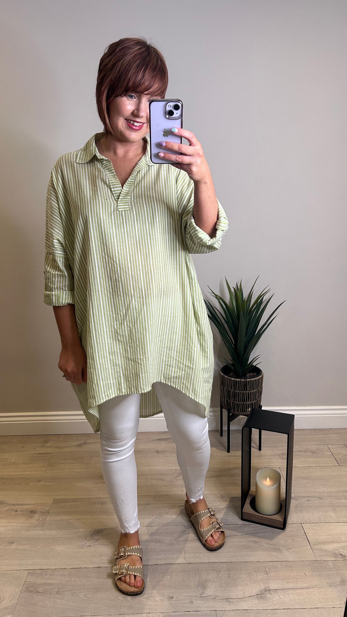 Cotton Stripe Oversized Shirt- Sage